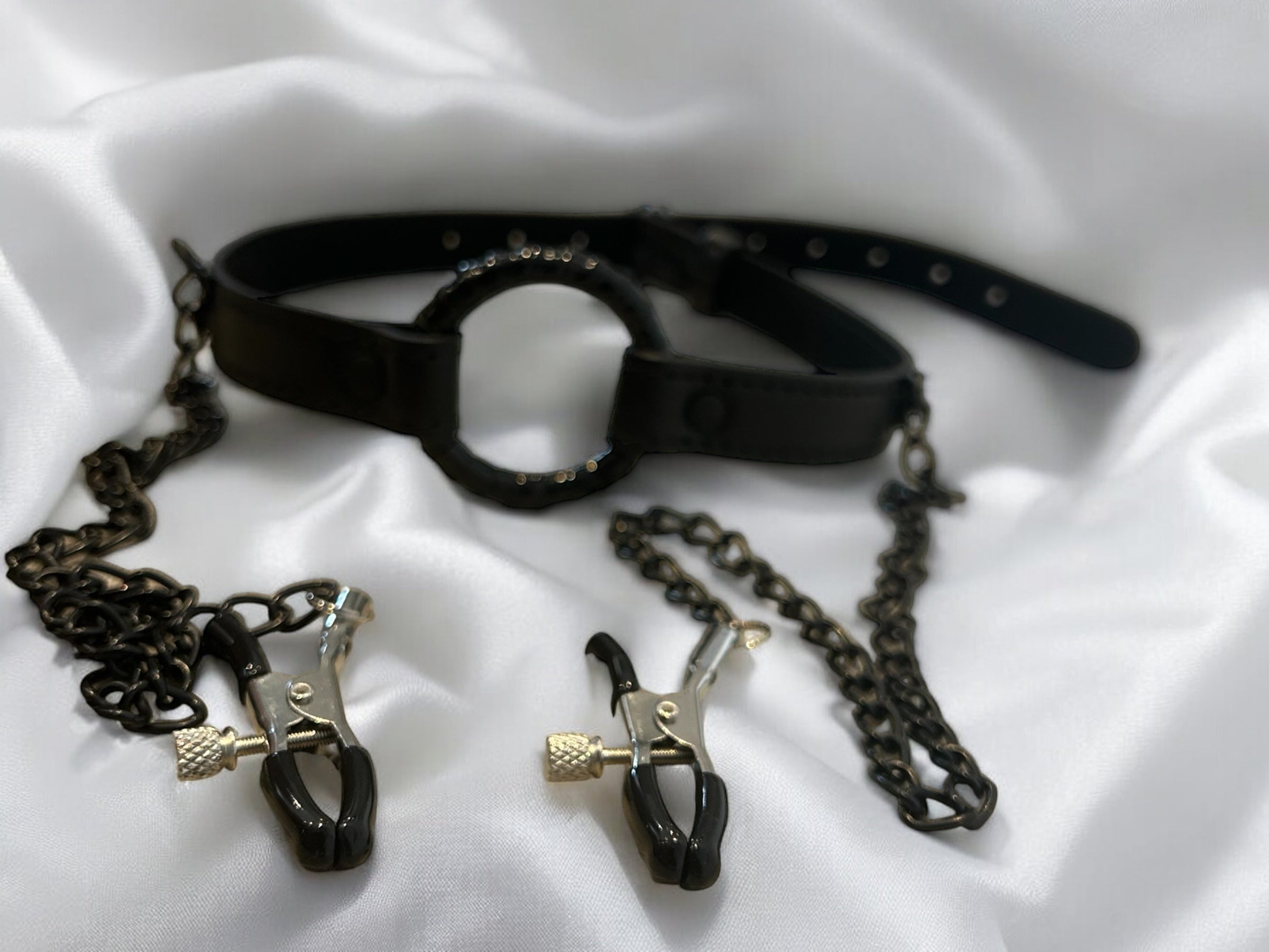 Deluxe O-Ring Gag with Chain and Nipple Clamps