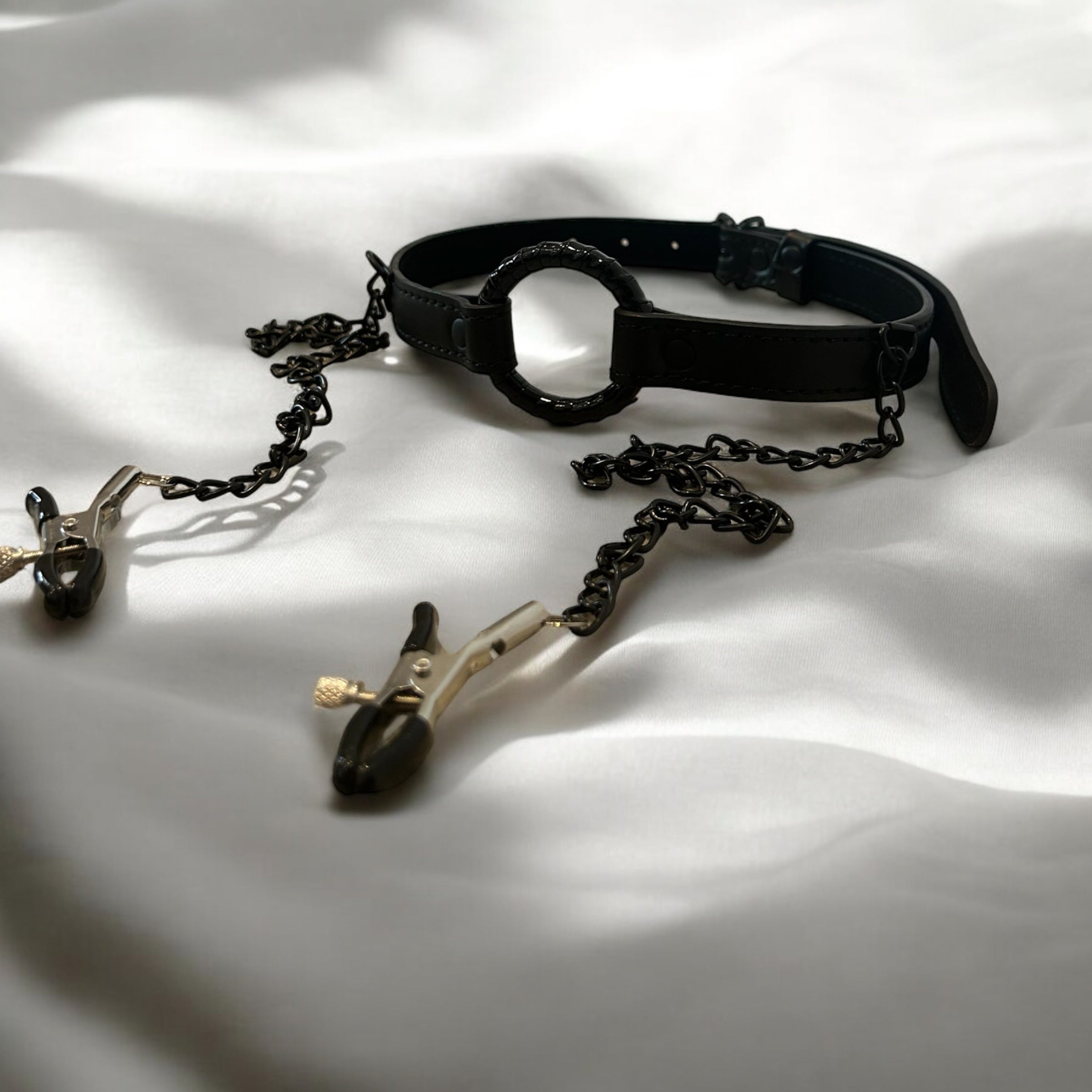 Deluxe O-Ring Gag with Chain and Nipple Clamps